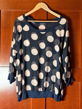 West Kei Navy Sheer Polka Dot Blouse with Pale Pink Dots Size Medium